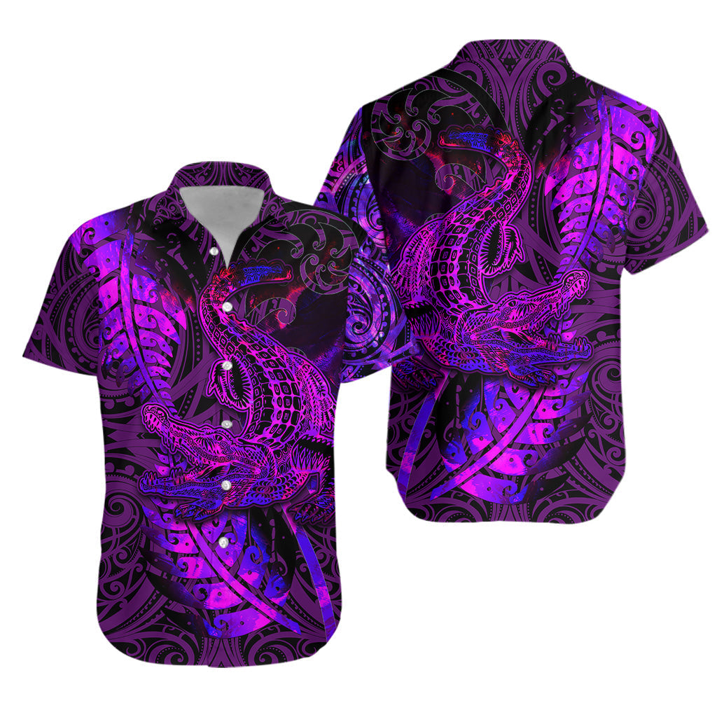 Crocodile Aotearoa Maori Hawaiian Shirt Silver Fern Koru Vibes Purple