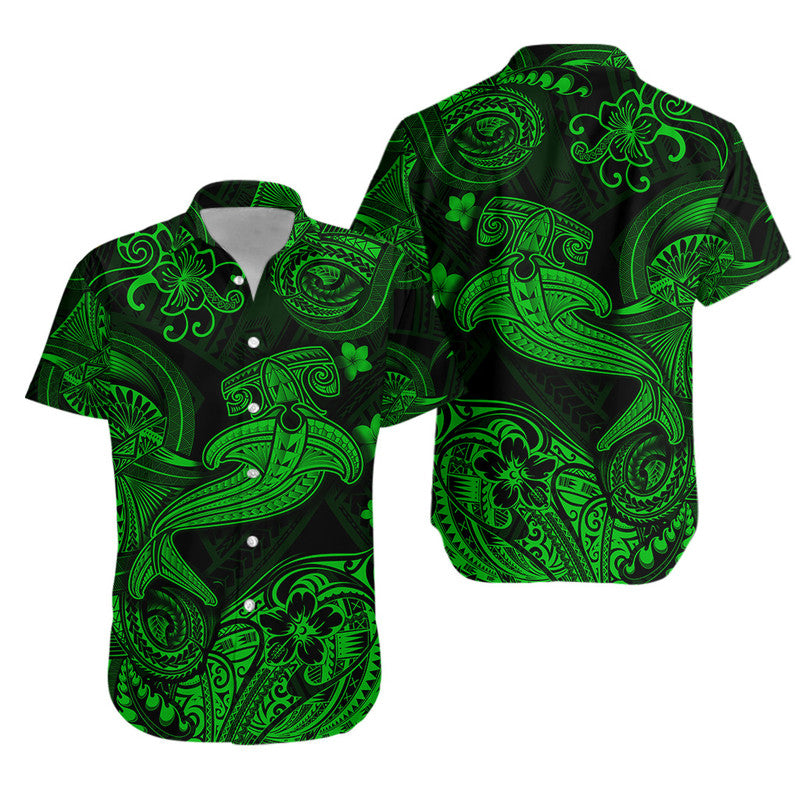 Hawaii Hammer Shark Polynesian Combo Dress and Hawaiian Shirt Matching Couples Outfit Unique Style Green
