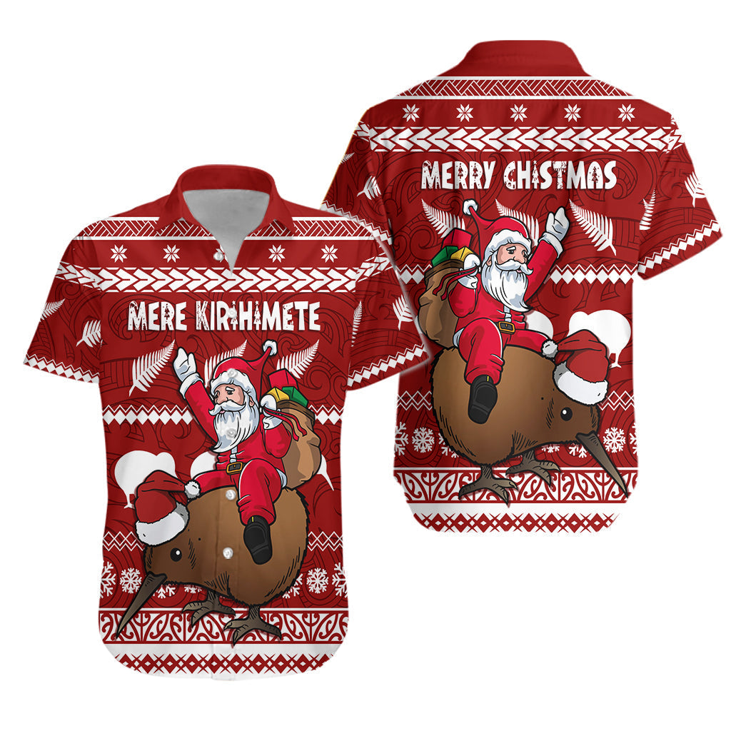 New Zealand Xmas Hawaiian Shirt Mere Kirihimete - Santa With Kiwi Bird