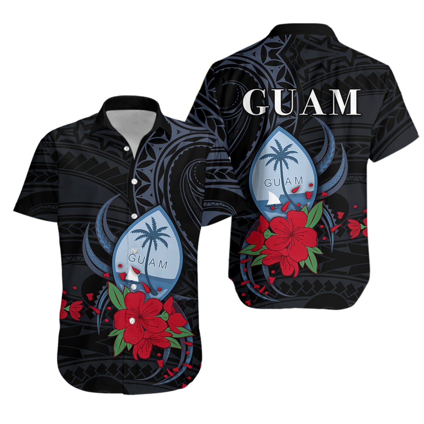 Guam Hawaiian Shirt Polynesian Flowers Version Black