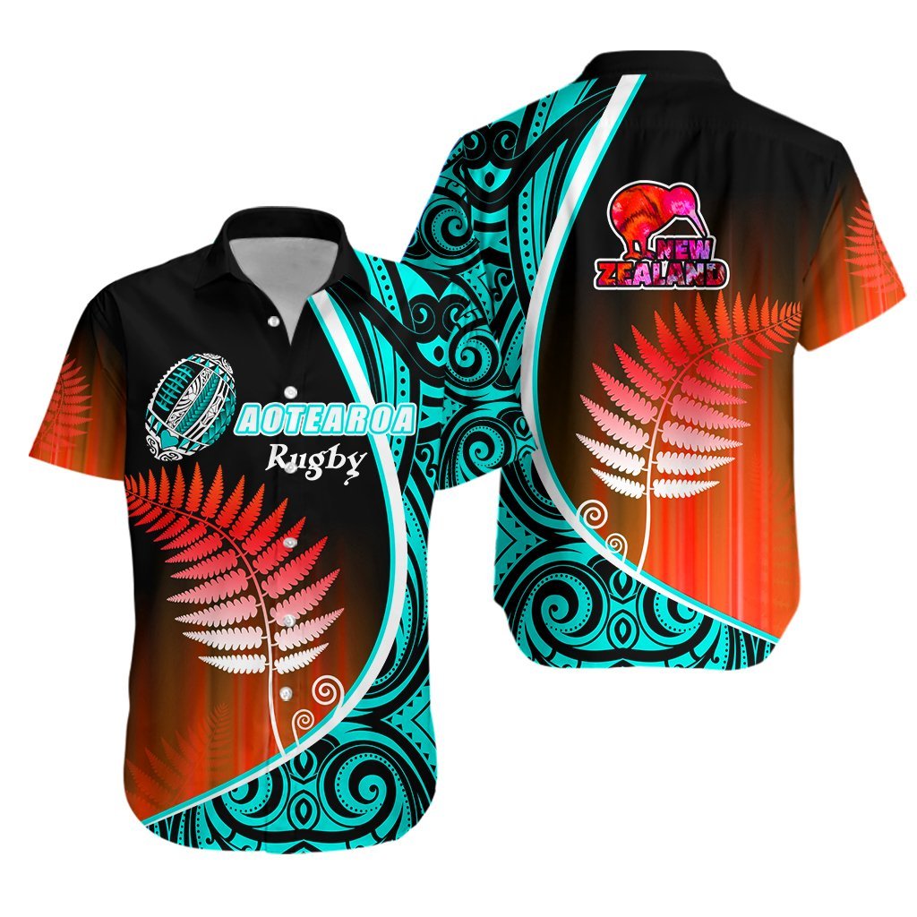 Aotearoa Rugby Black Maori Hawaiian Shirt Kiwi and Silver Fern New Zealand - Blue
