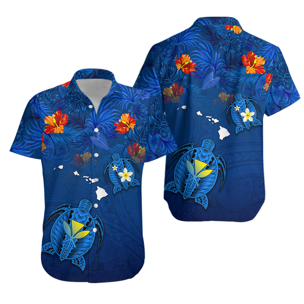 Hawaiian Islands Hawaiian Shirt - Hawaii Tropical Flowers and Turtles Blue