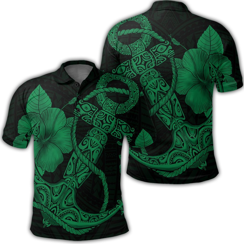 Hawaiian Anchor Poly Tribal Hibiscus Polynesian Polo Shirt Green - AH