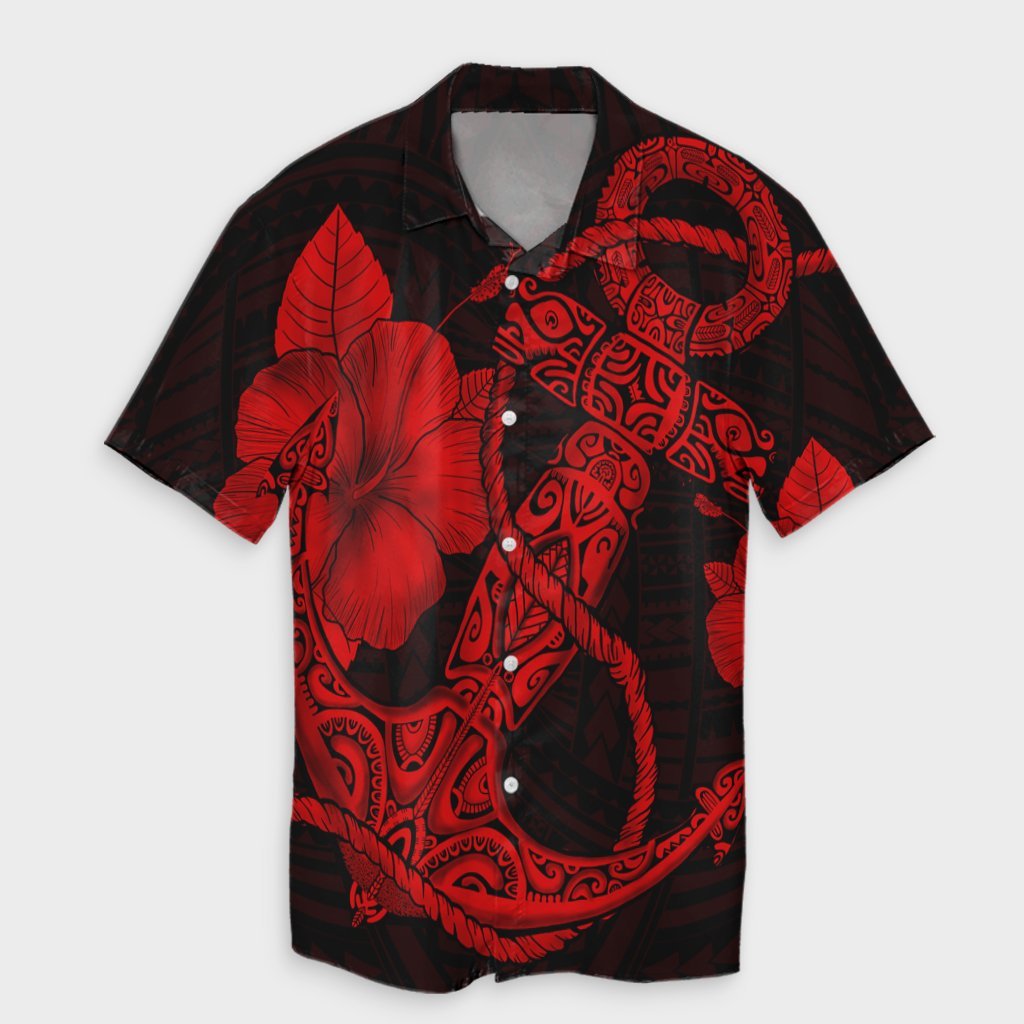 Hawaiian Anchor Poly Tribal Hibiscus Polynesian Hawaiian Shirt Red - AH