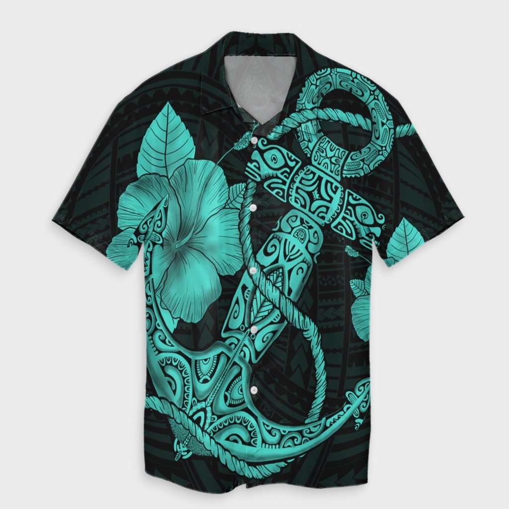 Hawaiian Anchor Poly Tribal Hibiscus Polynesian Hawaiian Shirt Turquoise - AH