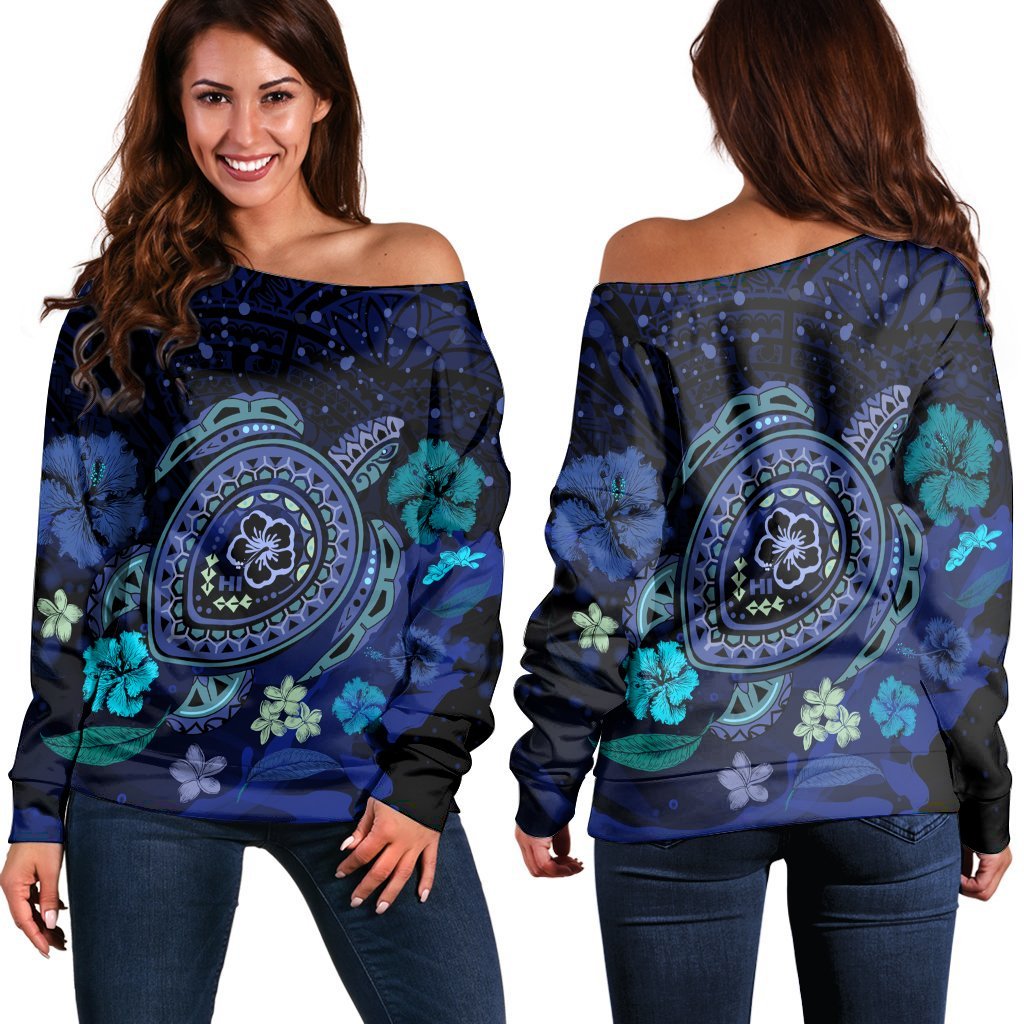 Hawaiian Blue Ocean Honu And Flowers Women's Off Shoulder Sweater AH