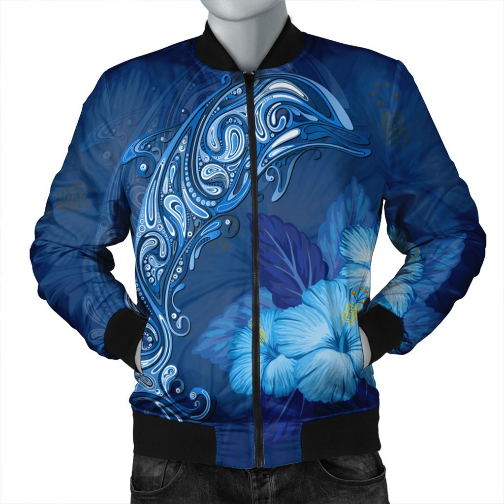 Hawaiian Dolphin Hibiscus Tropic Blue Polynesian Bomber Jacket AH