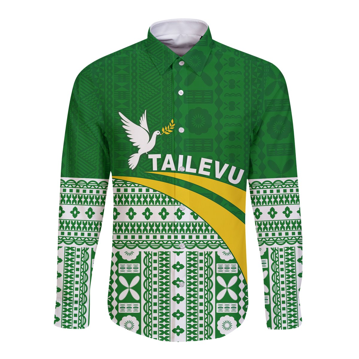 Tailevu Rugby Hawaii Long Sleeve Button Shirt Fiji Rugby Tapa Pattern Green
