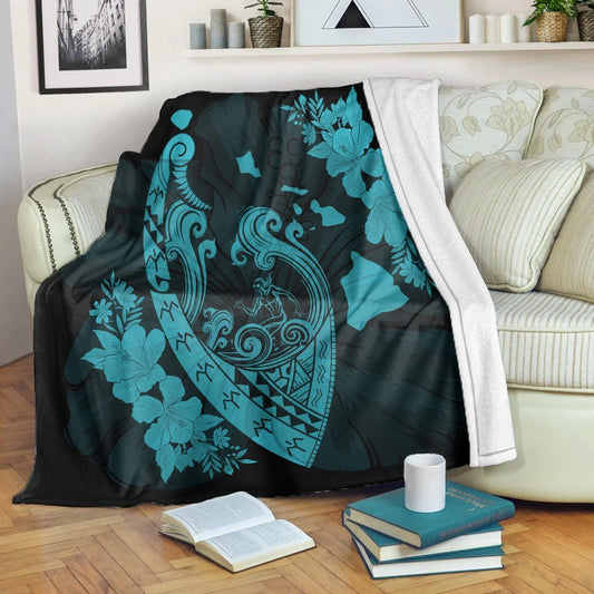 Hawaiian Fish Hook Hibiscus Banzai Surfing Polynesian Premium Blankets Blue AH