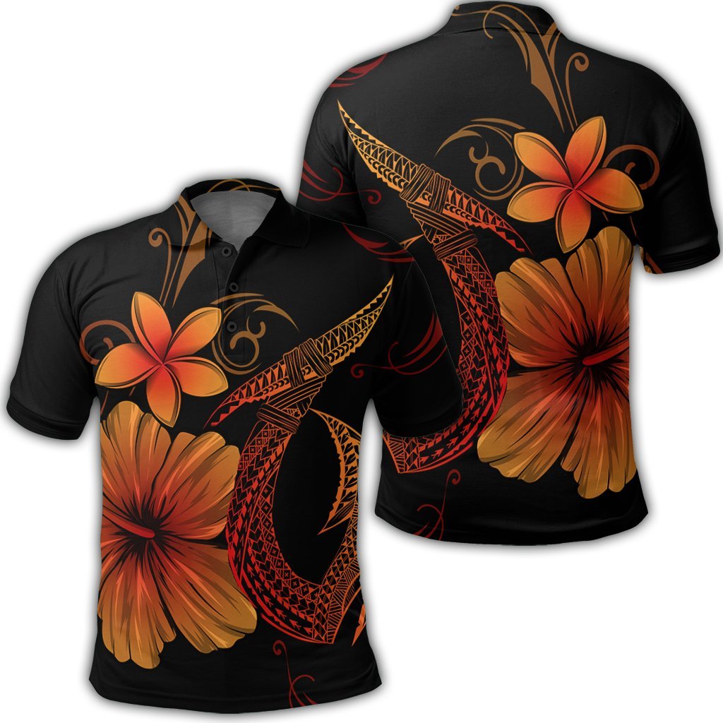 Hawaiian Fish Hook Hibiscus Plumeria Polynesian Polo Shirt - Orange - AH