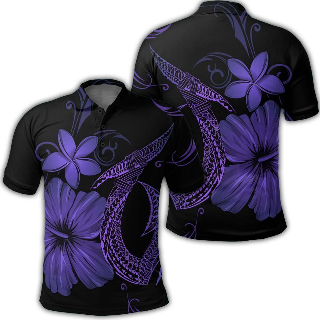 Hawaiian Fish Hook Hibiscus Plumeria Polynesian Polo Shirt - Purple - AH