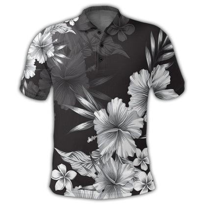 Hawaiian Hibiscus Black And White Polynesian Polo Shirt - AH