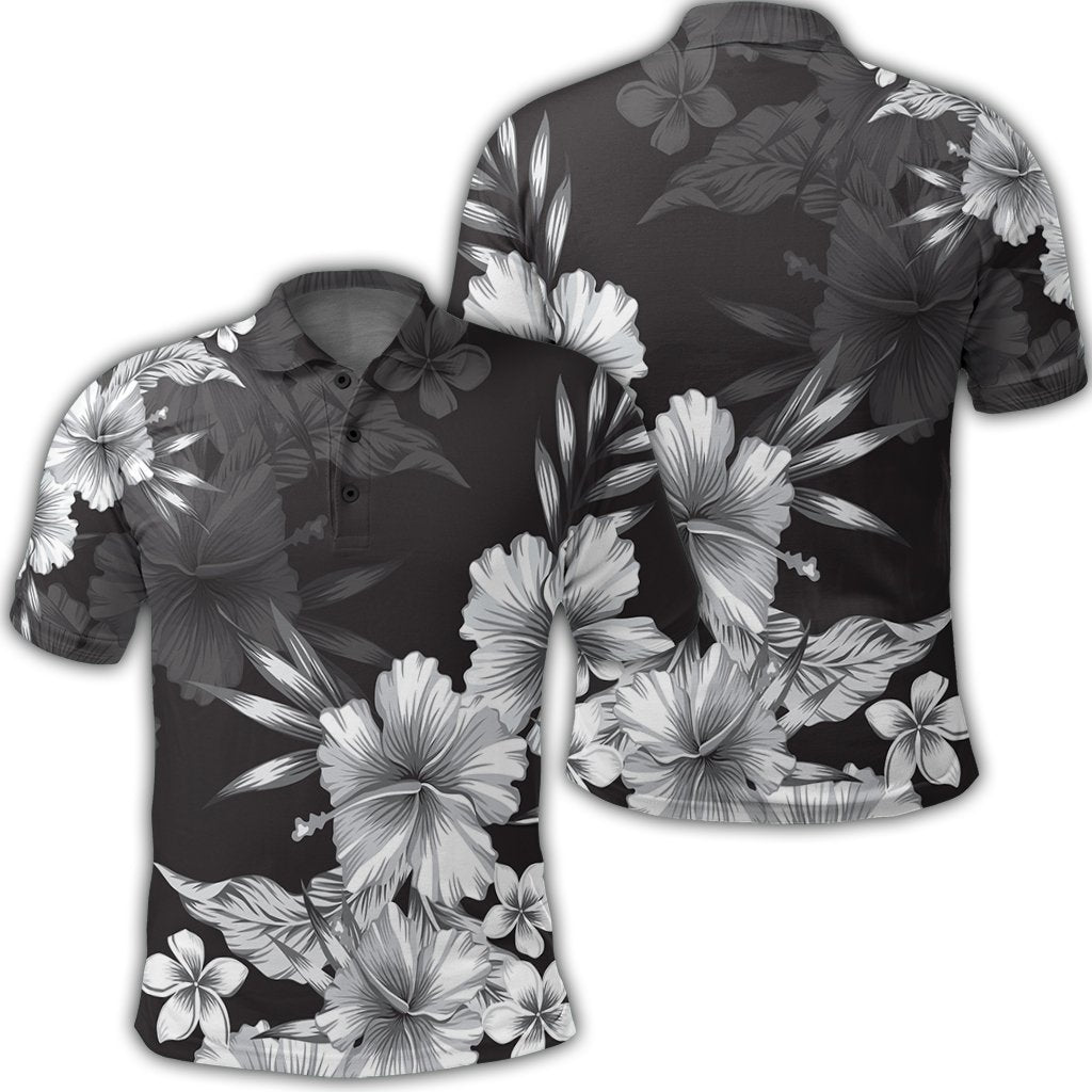 Hawaiian Hibiscus Black And White Polynesian Polo Shirt - AH