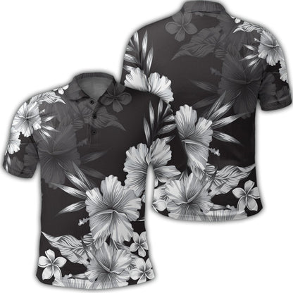Hawaiian Hibiscus Black And White Polynesian Polo Shirt - AH