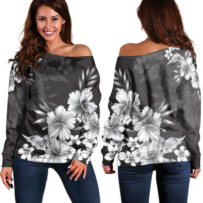 Hawaiian Hibiscus Black And White Polynesian Women's Off Shoulder Sweater AH