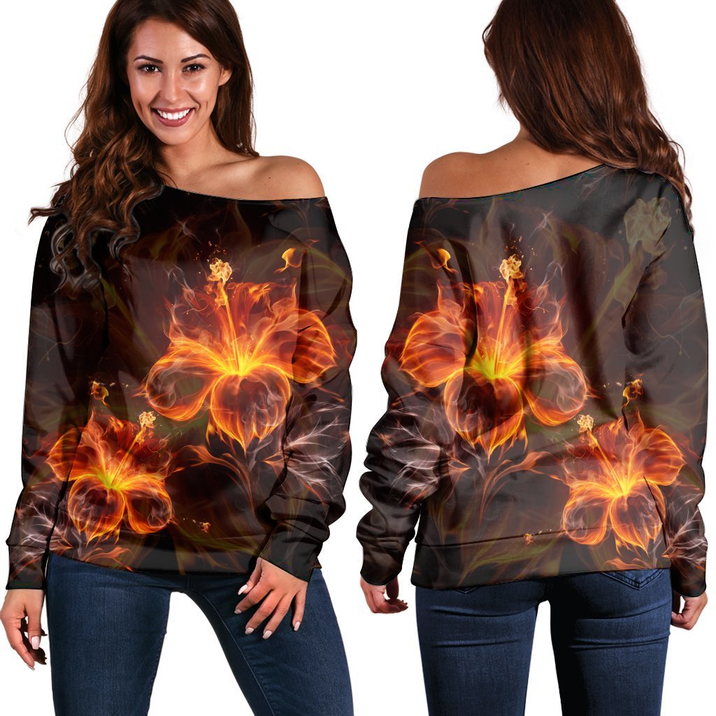 Hawaiian Hibiscus Fire Polynesian Women's Off Shoulder Sweater AH