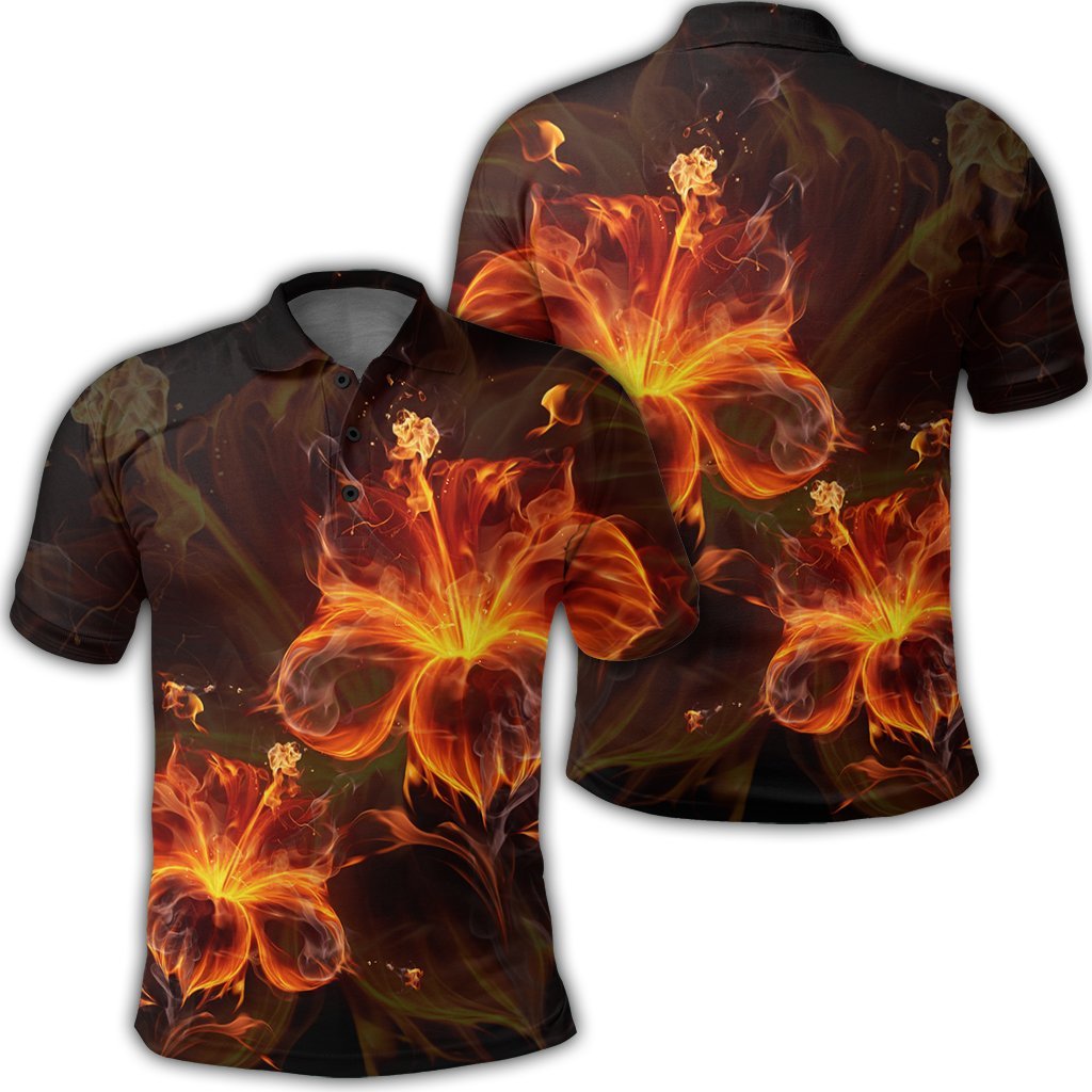 Hawaiian Hibiscus Fire Polynesian Polo Shirt - AH