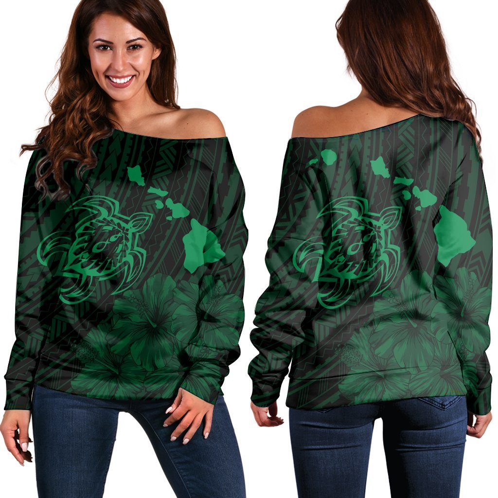 Hawaiian Hibiscus Sea Turtle Swim Polynesian Women's Off Shoulder Sweater Green AH