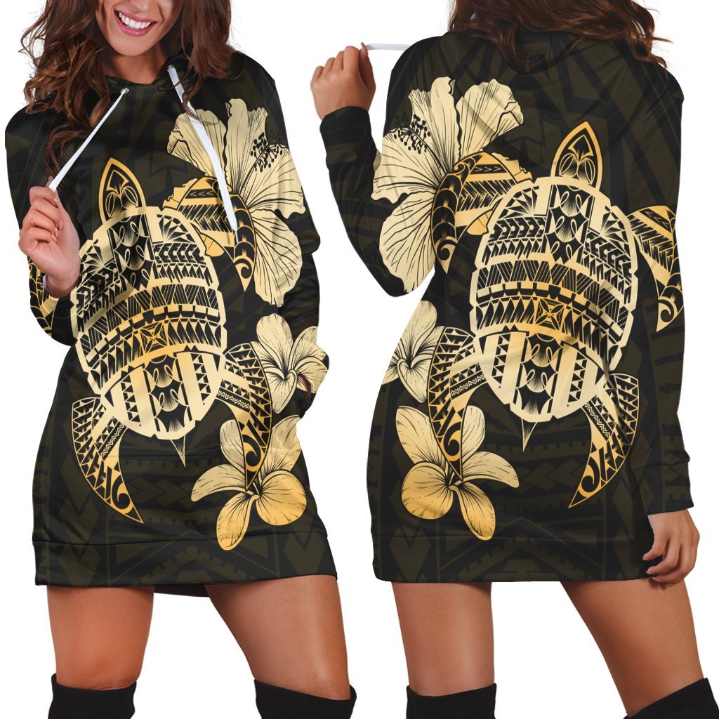 Hawaiian Kanaka Hibiscus Plumeria Mix Polynesian Turtle Hoodie Dress AH