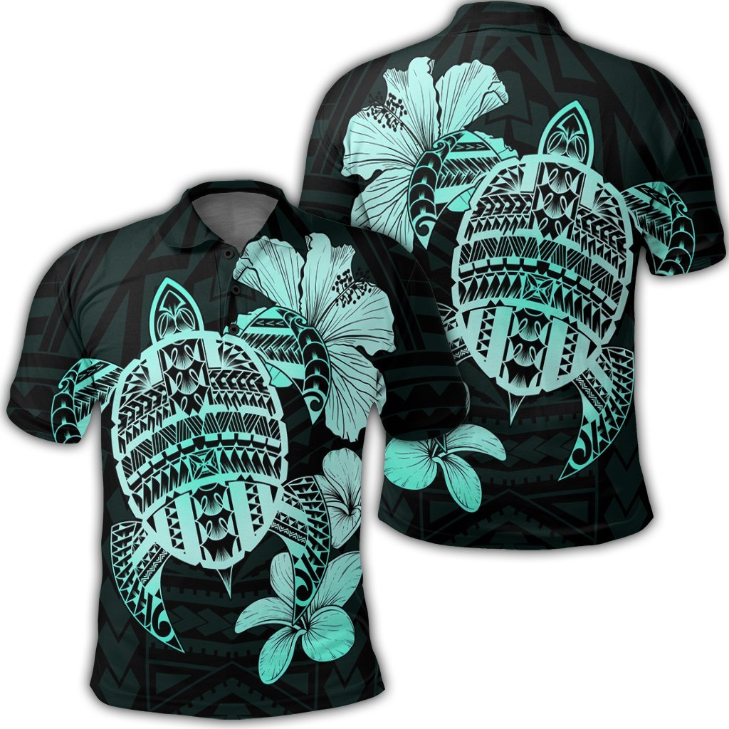 Hawaiian Kanaka Hibiscus Plumeria Mix Polynesian Turtle Polo Shirt - Turquoise - AH