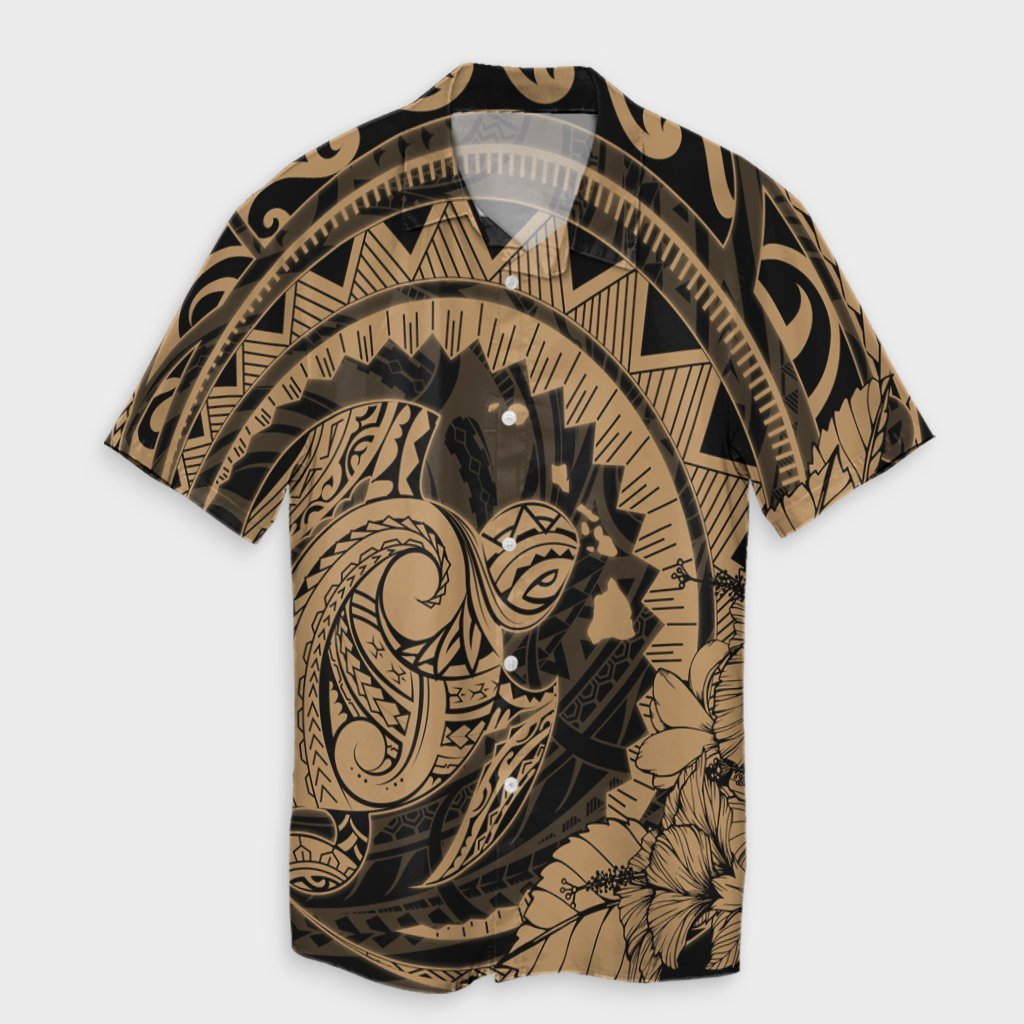 Hawaiian Kanaka Honu Map Hibiscus Globular Polynesian Gold Hawaiian Shirt - AH