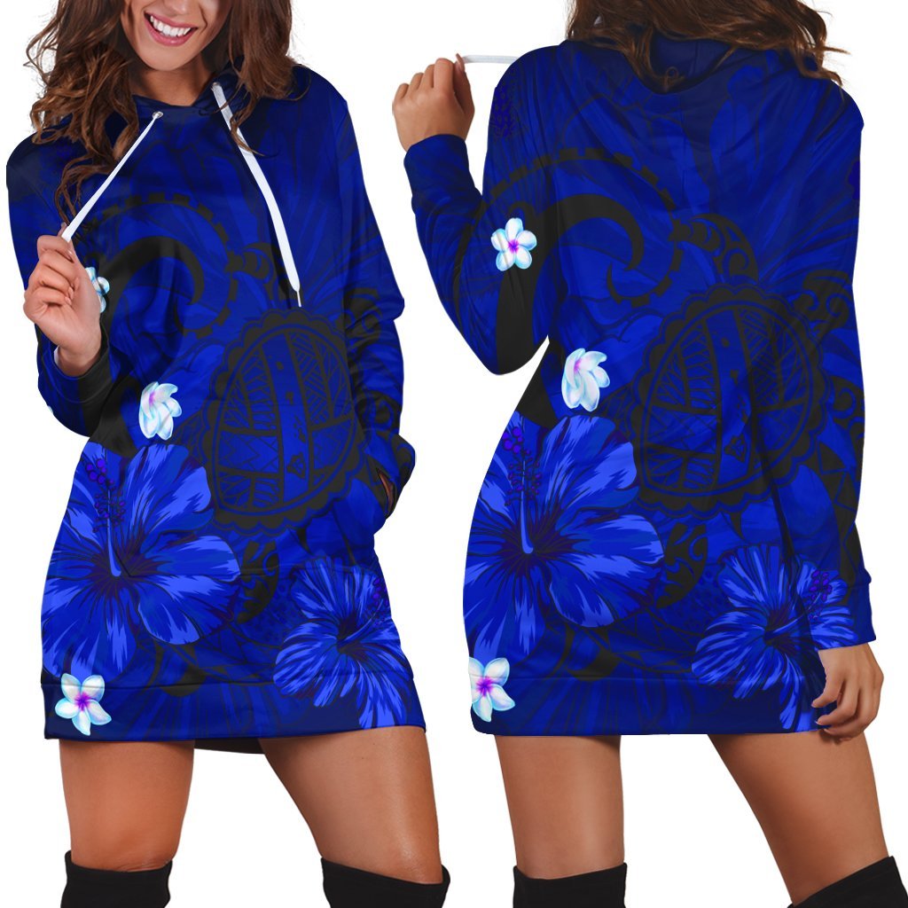 Hawaiian Map Big Turtle Hibiscus Plumeria Tribal Polynesian Hoodie Dress Blue AH