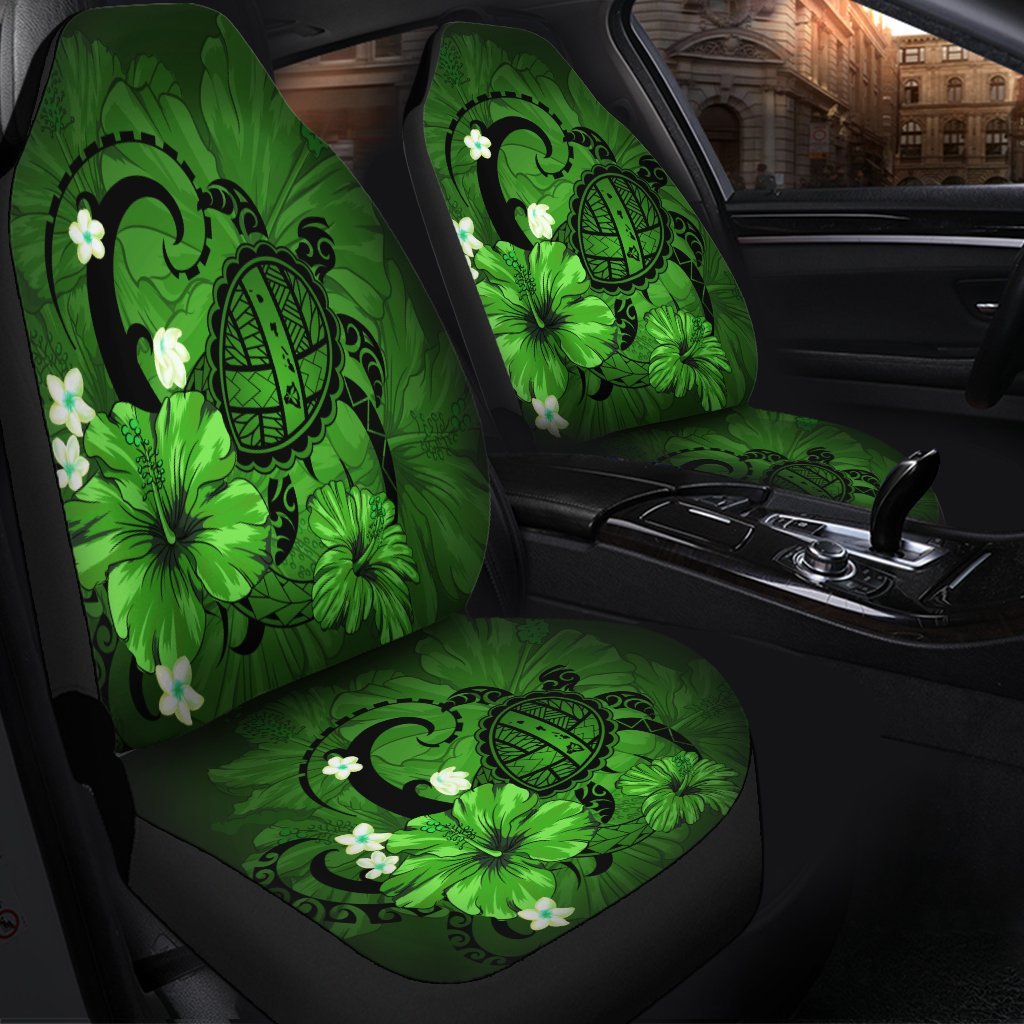 Hawaiian Map Big Turtle Hibiscus Plumeria Tribal Polynesian Car Seat Covers Green AH