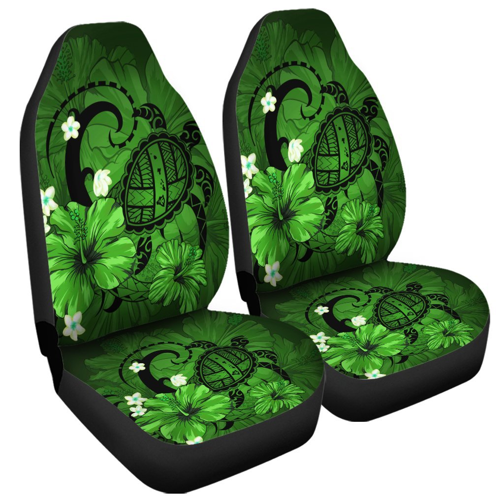 Hawaiian Map Big Turtle Hibiscus Plumeria Tribal Polynesian Car Seat Covers Green AH