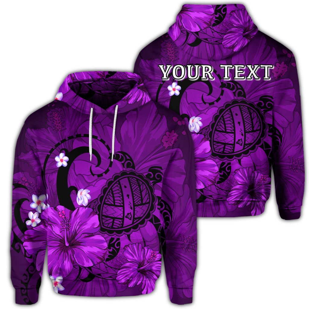 Personalised Hawaiian Map Big Turtle Hibiscus Plumeria Tribal Polynesian Hoodie Purple AH