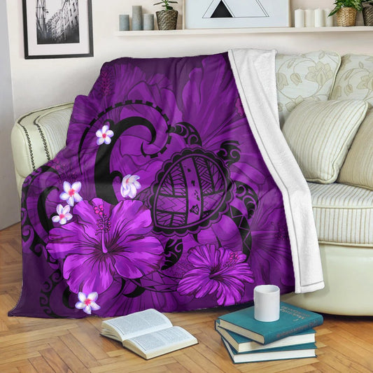 Hawaiian Map Big Turtle Hibiscus Plumeria Tribal Polynesian Premium Blankets Purple AH