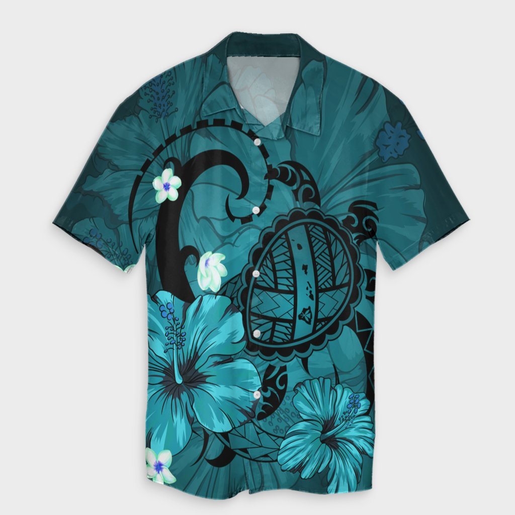 Hawaiian Map Big Turtle Hibiscus Plumeria Tribal Polynesian Hawaiian Shirt - Turquoise - AH