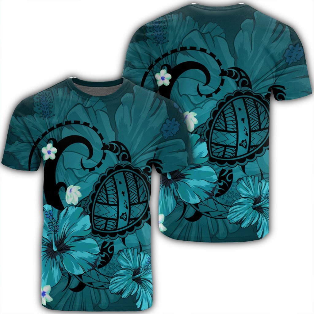 Hawaiian Map Big Turtle Hibiscus Plumeria Tribal Polynesian T - Shirt - Turquoise - Ah