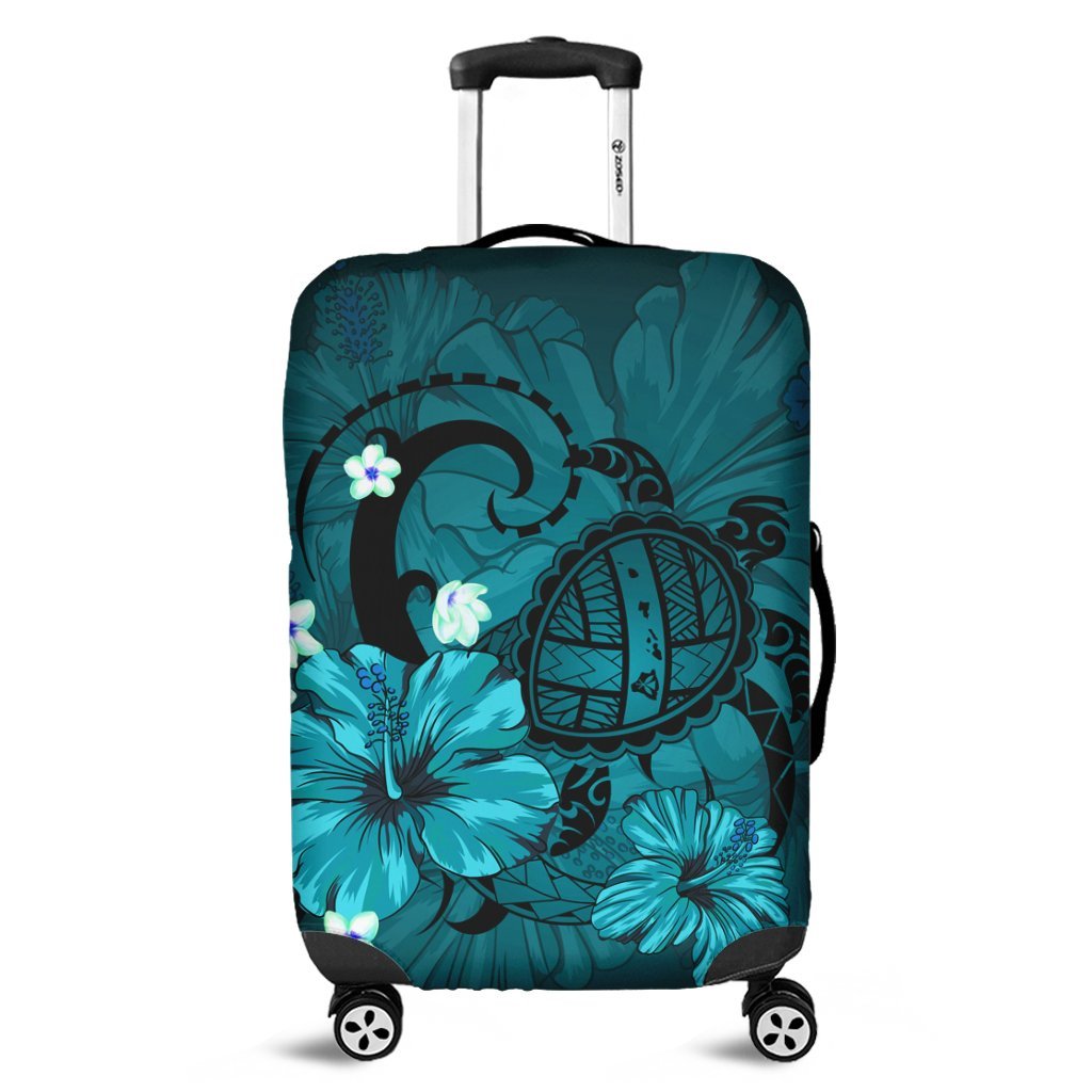 Hawaiian Map Big Turtle Hibiscus Plumeria Tribal Polynesian Luggage Covers Turquoise AH