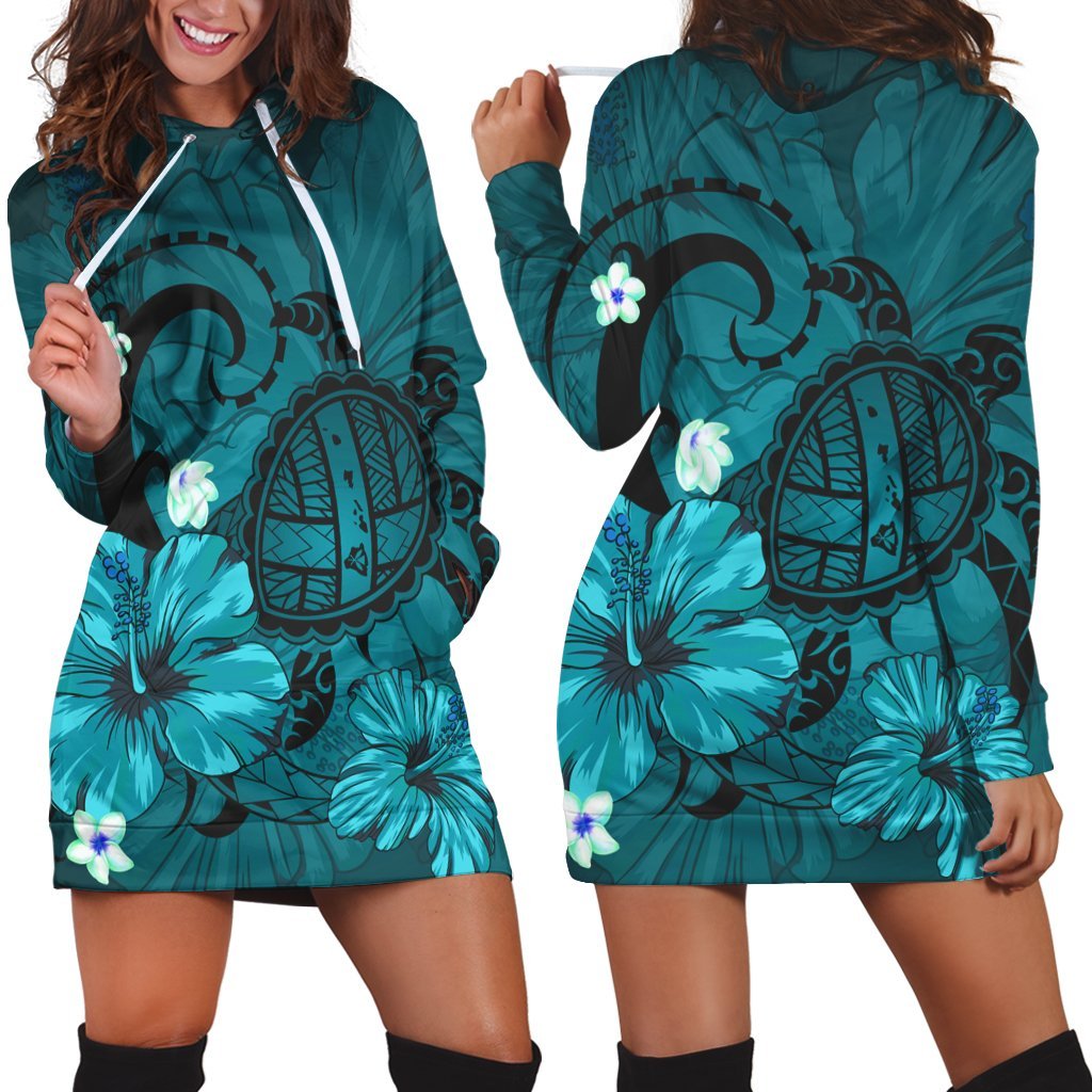 Hawaiian Map Big Turtle Hibiscus Plumeria Tribal Polynesian Hoodie Dress Turquoise AH
