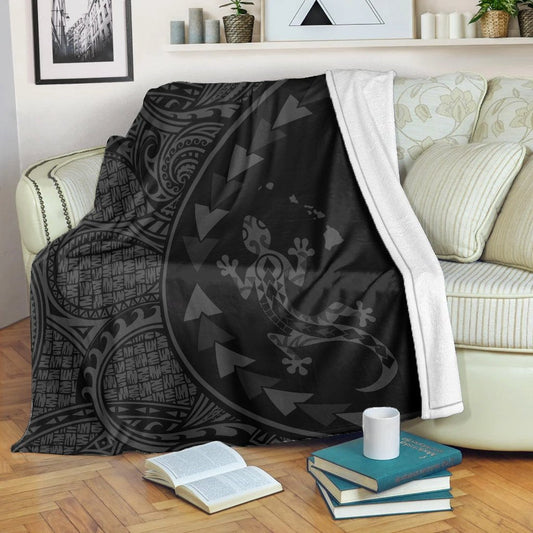 Hawaiian Map Gecko Tattoo Kakau Polynesian Premium Blankets Gray AH