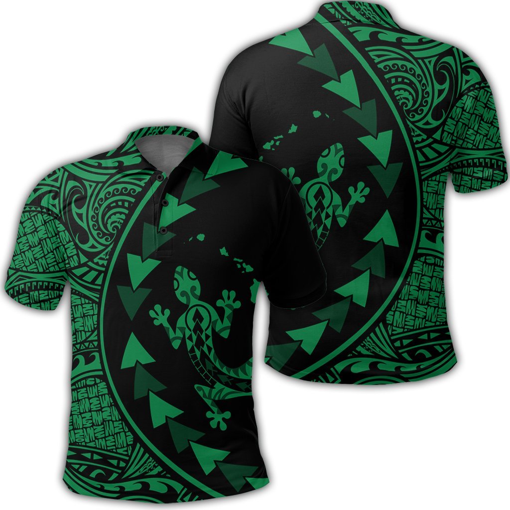 Hawaiian Map Gecko Tattoo Kakau Polynesian Polo Shirt Green AH
