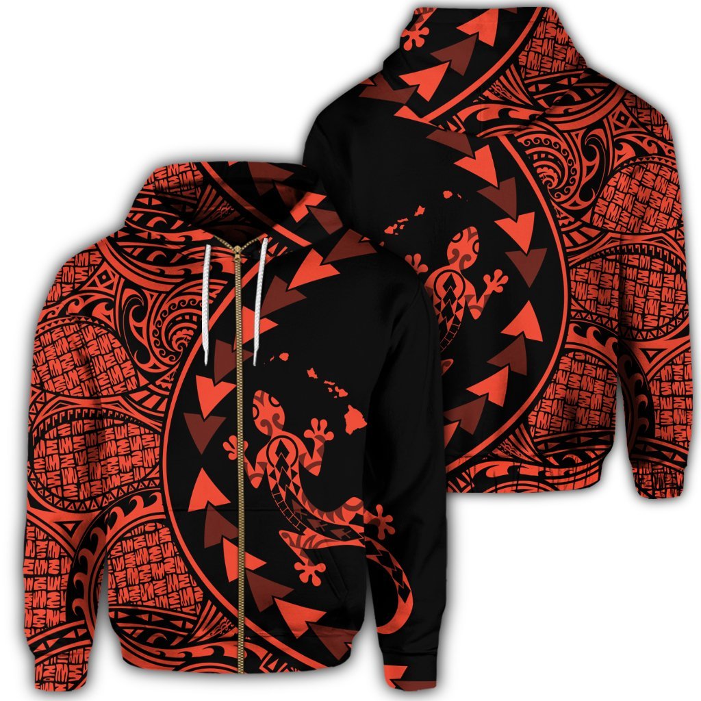 Hawaiian Map Gecko Tattoo Kakau Polynesian Zip Hoodie Orange AH