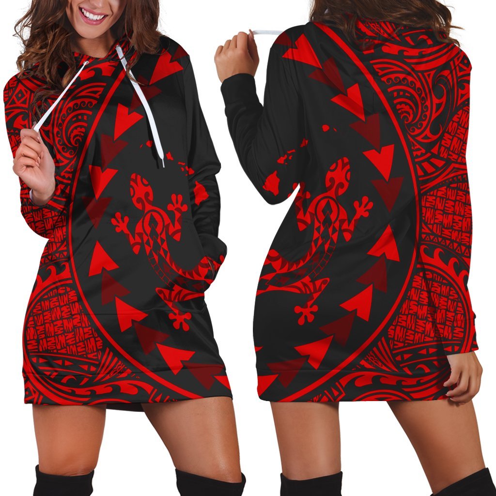 Hawaiian Map Gecko Tattoo Kakau Polynesian Hoodie Dress Red AH