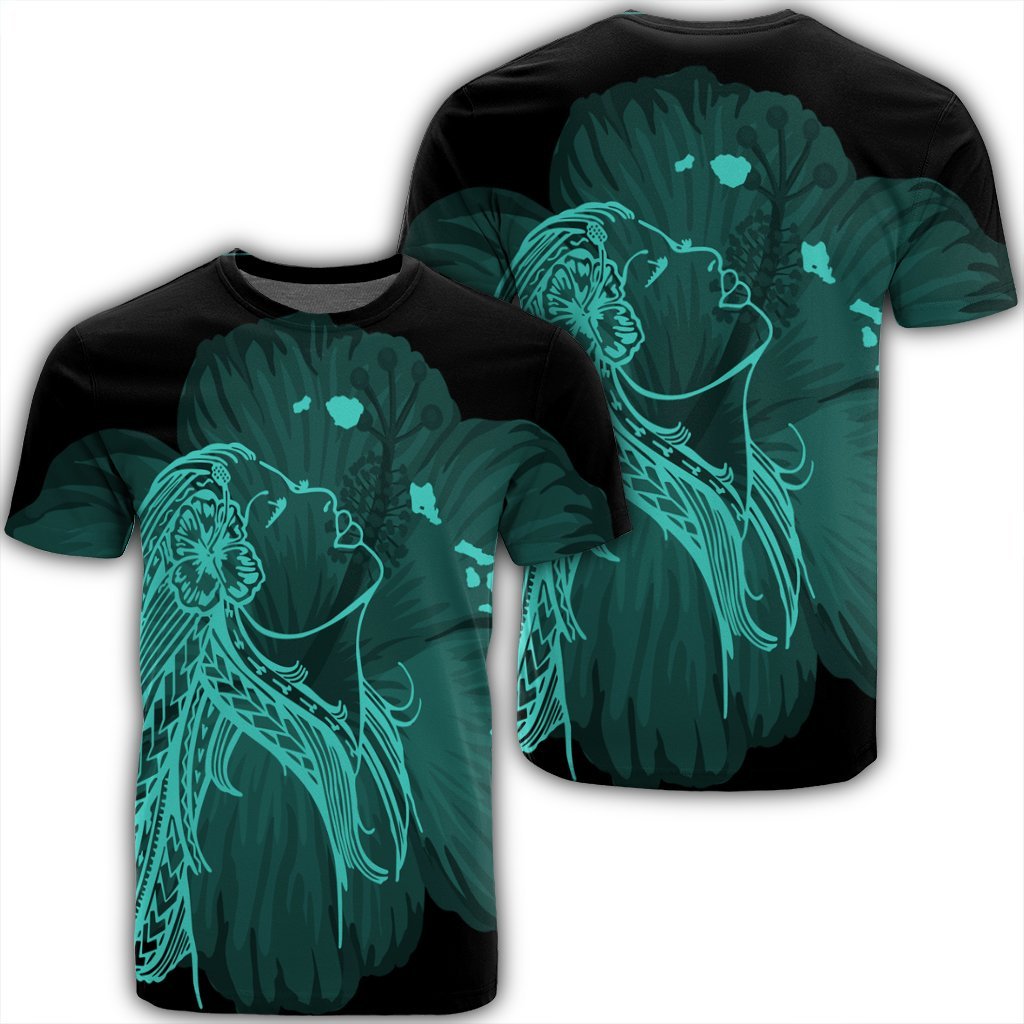 Hawaiian Map Heart Hula Girl Hibiscus Turquoise Polynesian T - Shirt - Ah