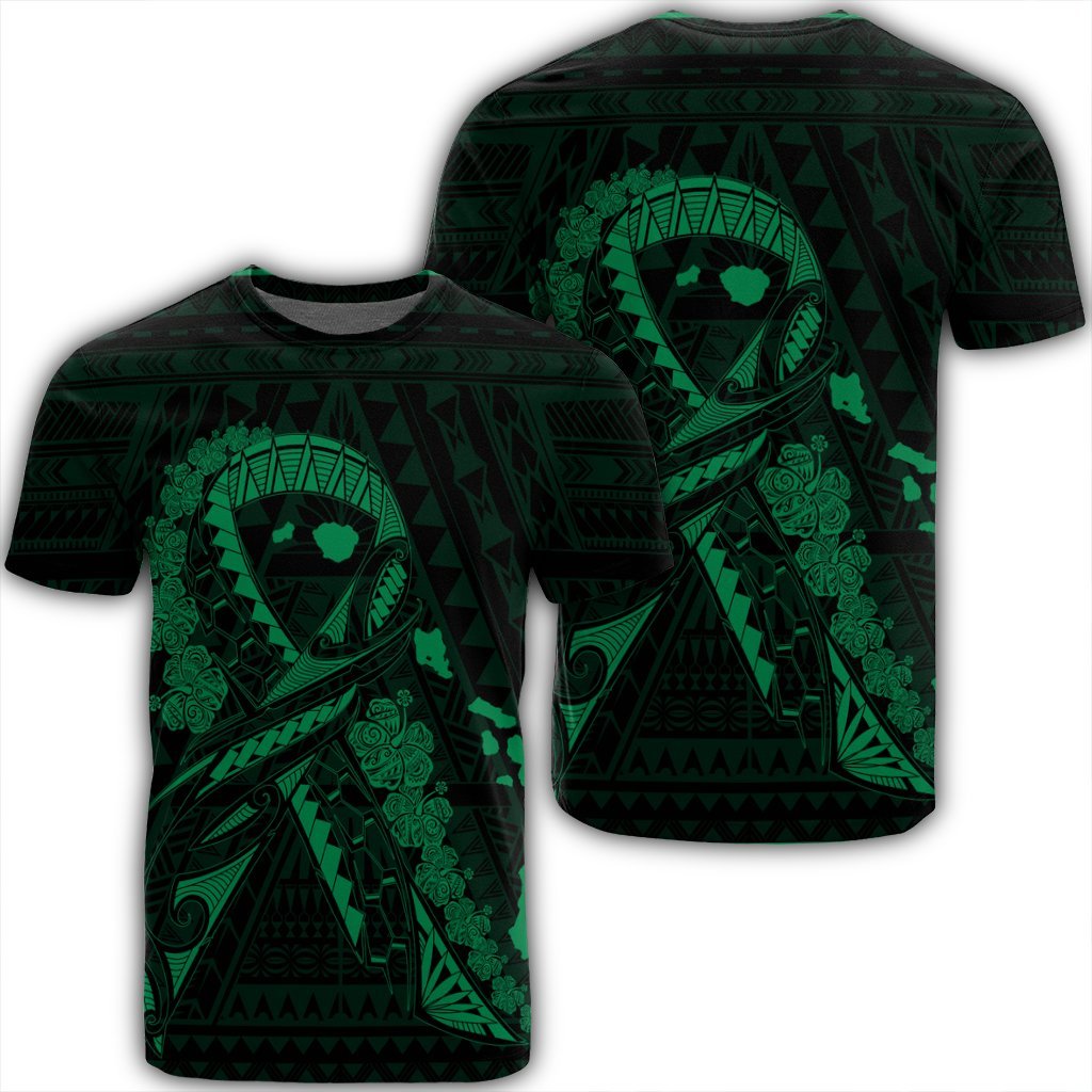 Hawaiian Map Heart Ribbon Cancer Hibiscus Green Polynesian T - Shirt - Ah