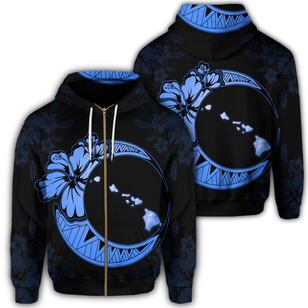 Hawaiian Map Hibiscus Turtle Polynesian Moon Zip Hoodie Blue
