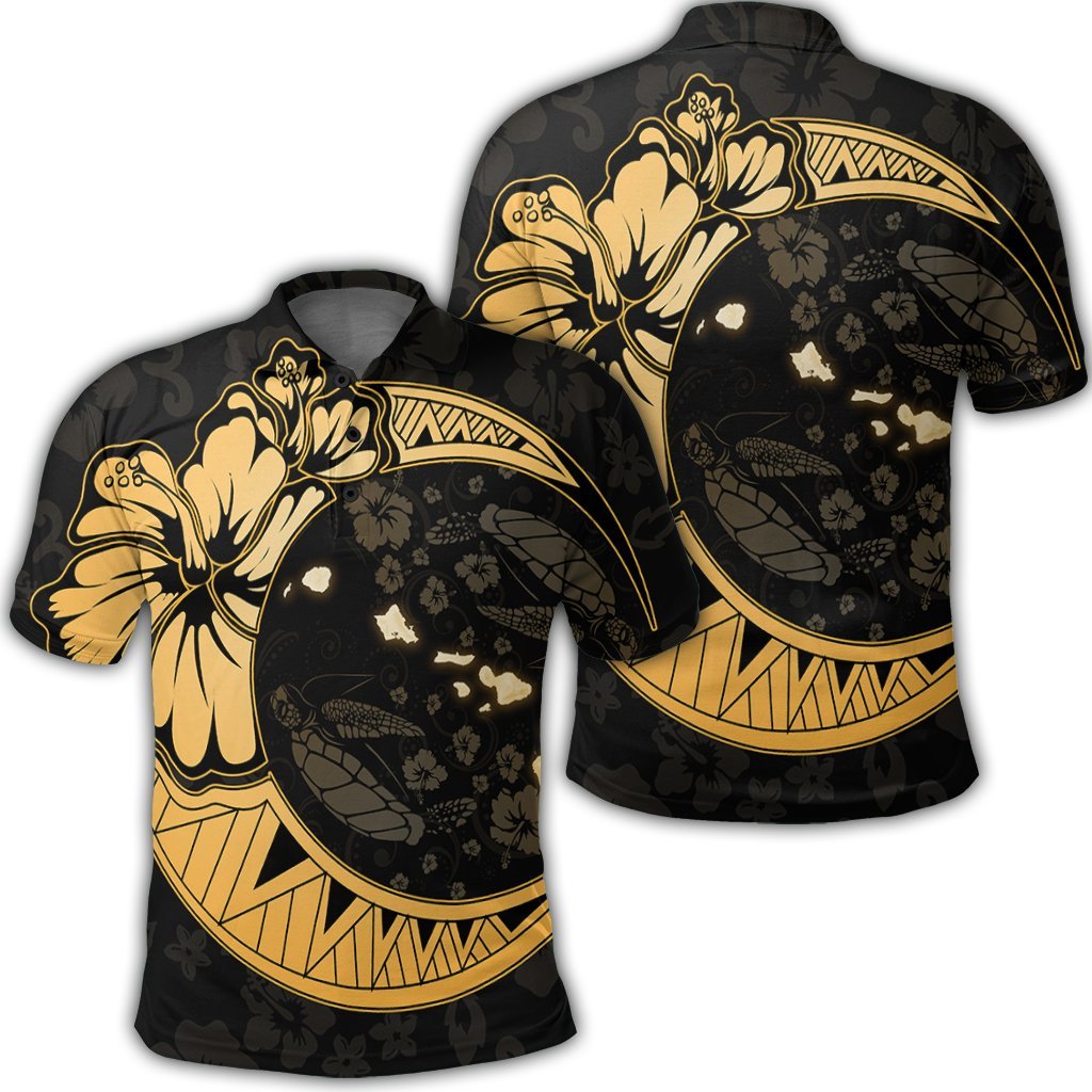 Hawaiian Map Hibiscus Turtle Polynesian Moon Polo Shirt Gold - AH