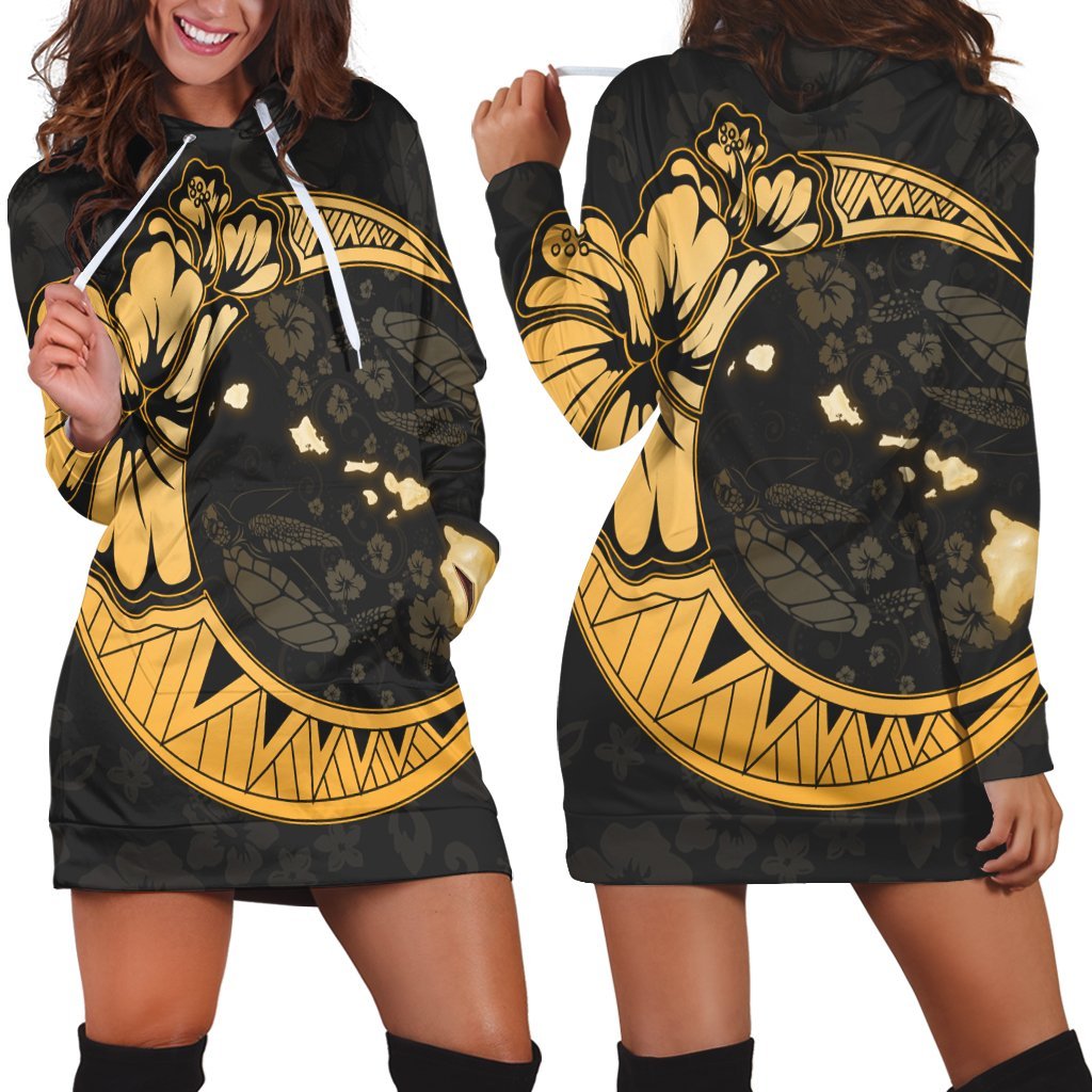 Hawaiian Map Hibiscus Turtle Polynesian Moon Hoodie Dress Gold AH
