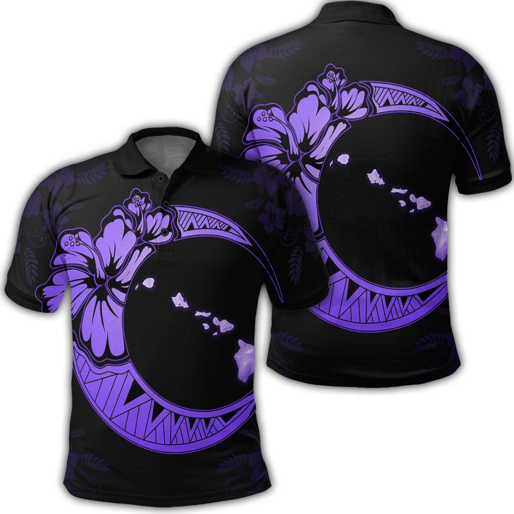 Hawaiian Map Hibiscus Turtle Polynesian Moon Polo Shirt Purple - AH