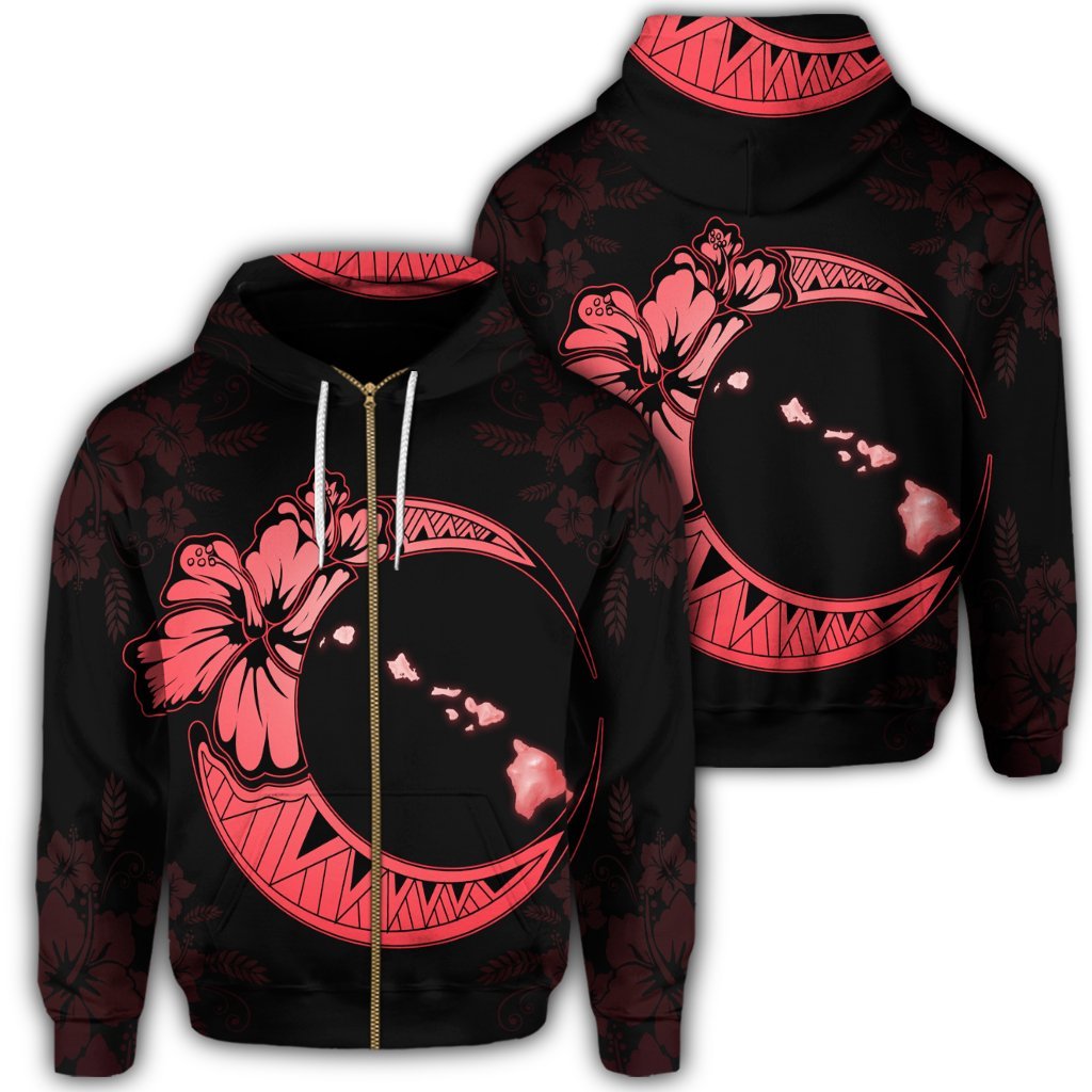 Hawaiian Map Hibiscus Turtle Polynesian Moon Zip Hoodie Red