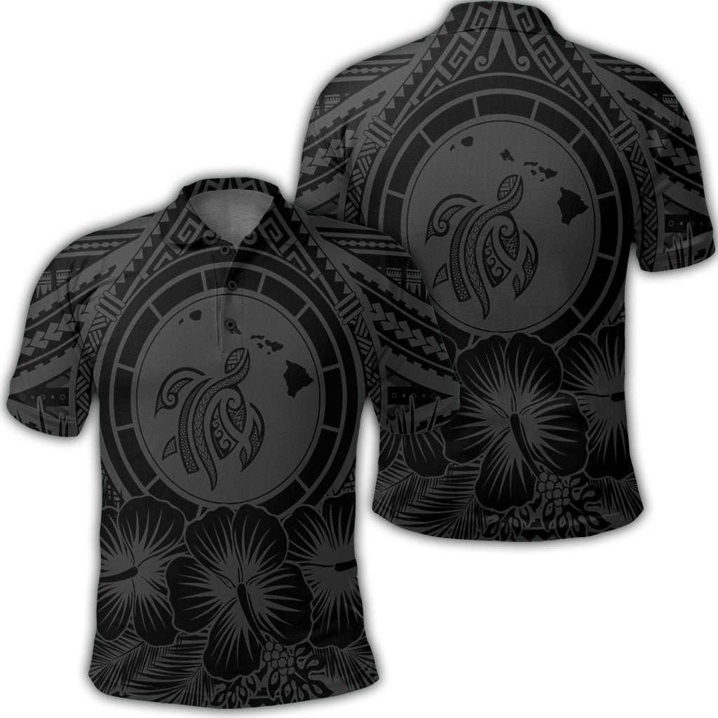 Hawaiian Map Honu Hibiscus Tropic Gray Polynesian Polo Shirt - AH