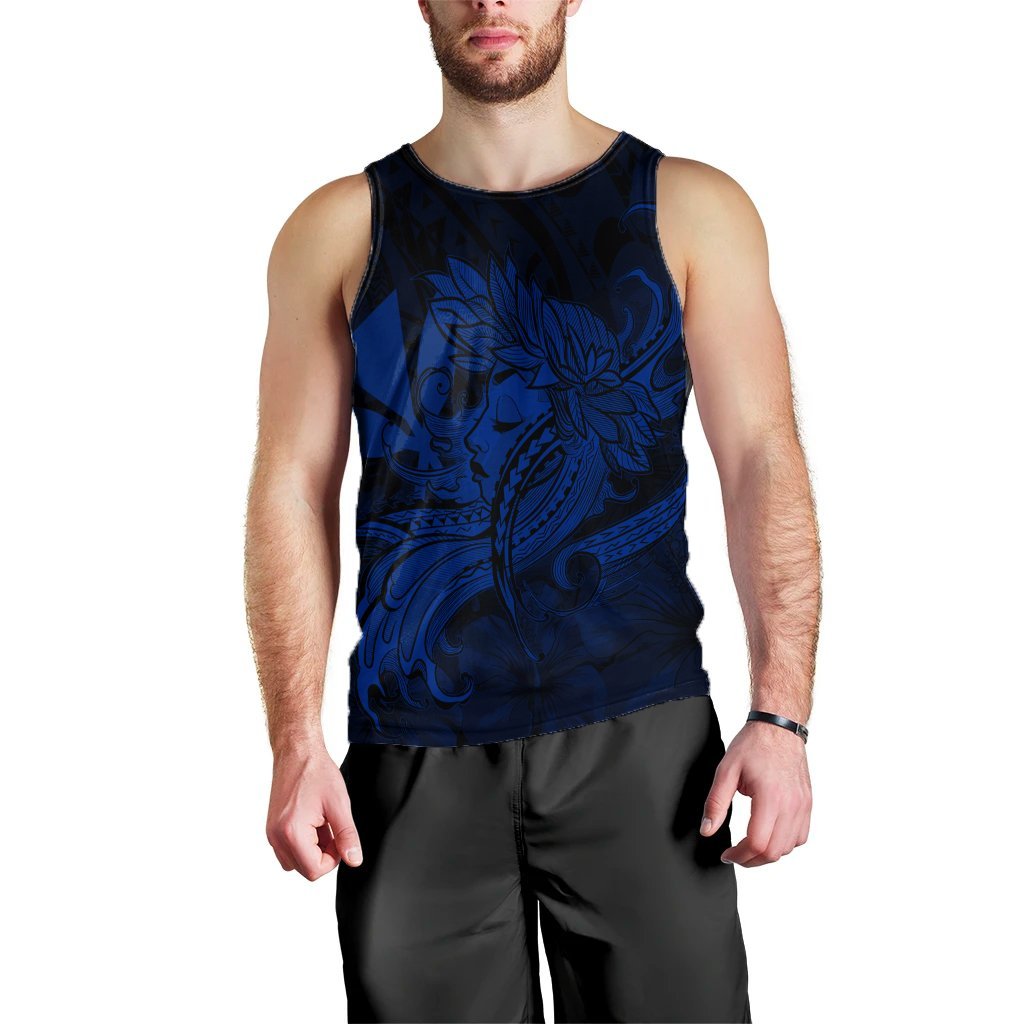 Hawaiian Map Hula Girl Hibiscus Kanaka Polynesian Tank Top Blue AH