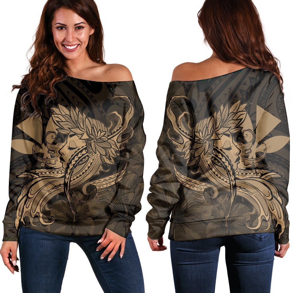 Hawaiian Map Hula Girl Hibiscus Kanaka Polynesian Women's Off Shoulder Sweater Gold AH