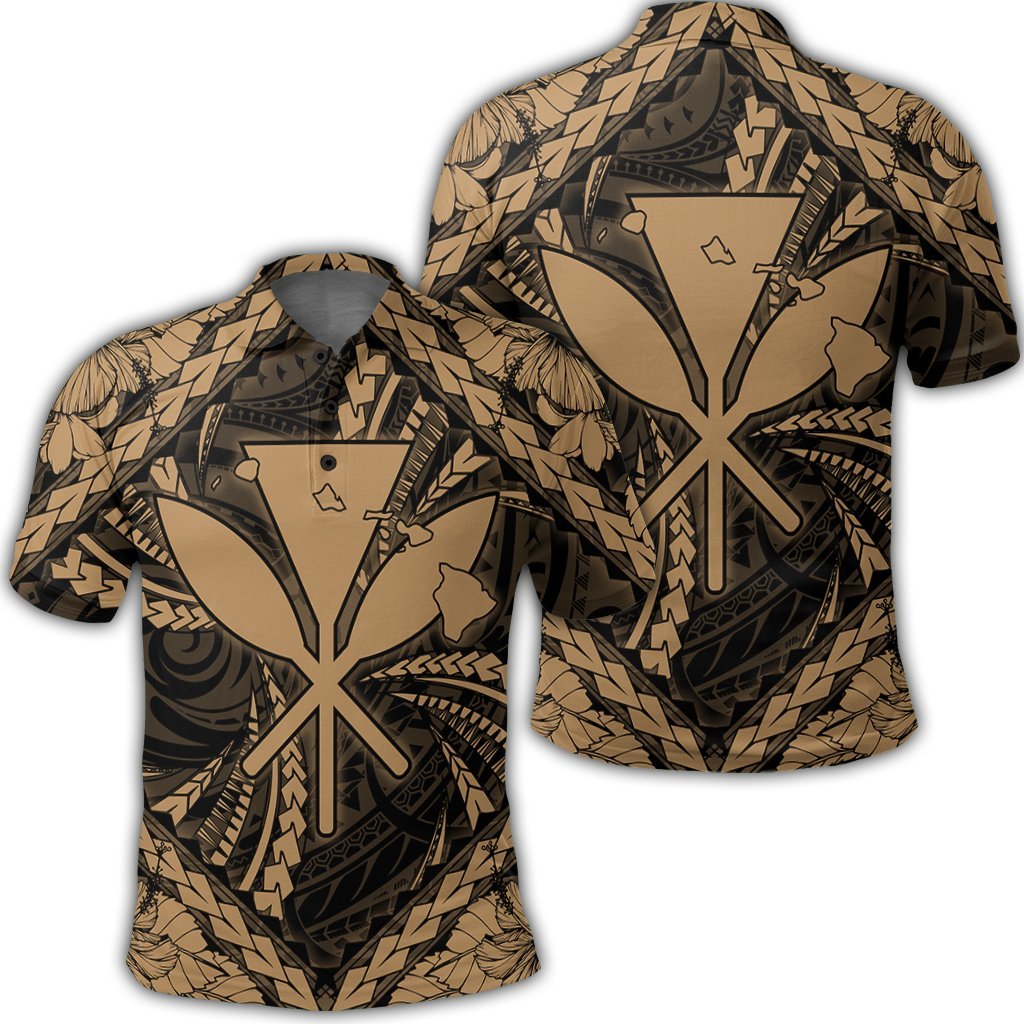 Hawaiian Map Kanaka Hibiscus Gold Polynesian Polo Shirt - AH