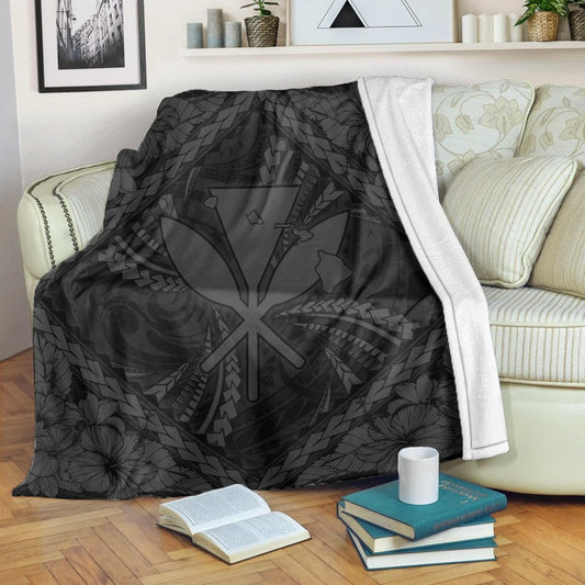 Hawaiian Map Kanaka Hibiscus Gray Polynesian Premium Blankets AH